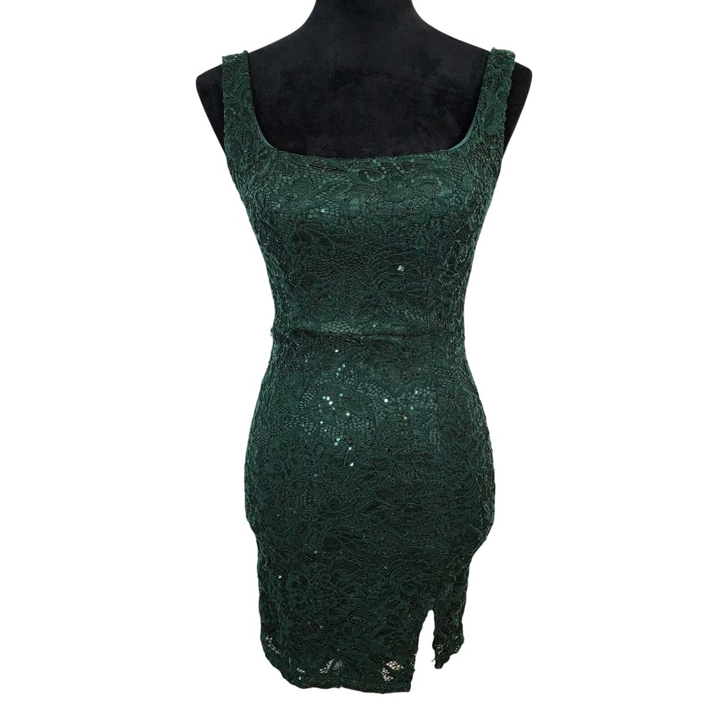 B. DARLIN Size 1/2 Dark Green Juniors Sequin Lace Square Neck Bodycon Mini Dress